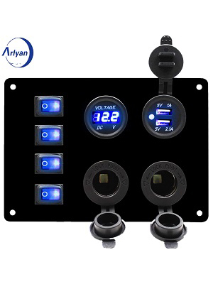12-24V Waterproof 4 Gang Rocker Switch Panel with Dual USB Socket + Dual Cigarette Lighters + Voltmeter for Marine Car RV Boat