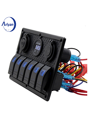 6 Gang Rocker Switch Panel Waterproof Toggle Switches With Dual USB Charger 12V 24V Blue LED Voltmeter