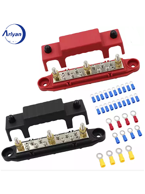 Black and Red Bus Bar 1/4'' Post Distribution Block 10x#8 Screw Terminal Busbar Stud Set with Ring Terminals